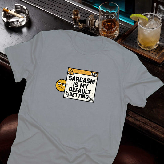 Nostalgic system alert design featuring weathered warning box with sarcastic face and witty tech humor on the gray t-shirt