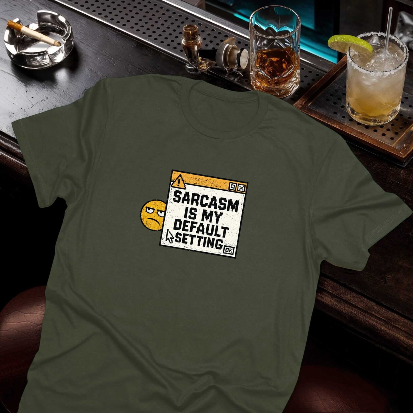 Vintage tech popup featuring yellow warning icon with deadpan sarcastic face and humorous system message on the green t-shirt