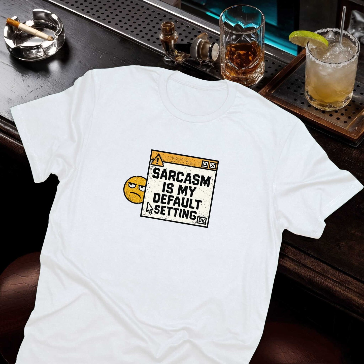 Distressed computer dialog box with grunge warning symbol and sarcastic face in retro style on the white-colored t-shirt