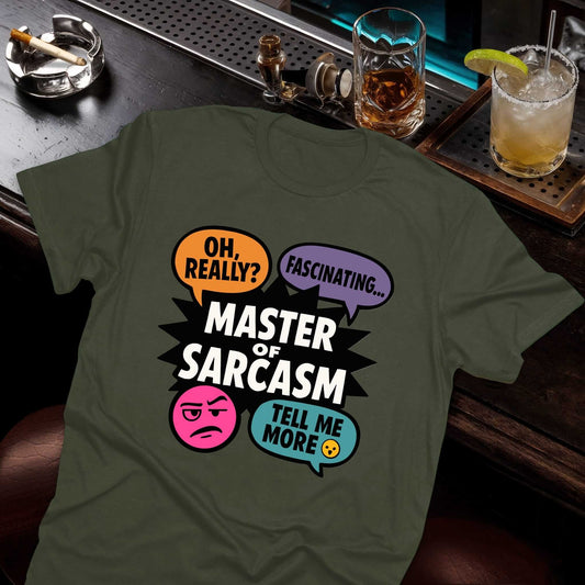 Funny sarcasm shirt featuring comic-style dialogue bubbles with witty phrases and pink grumpy face expression design on green