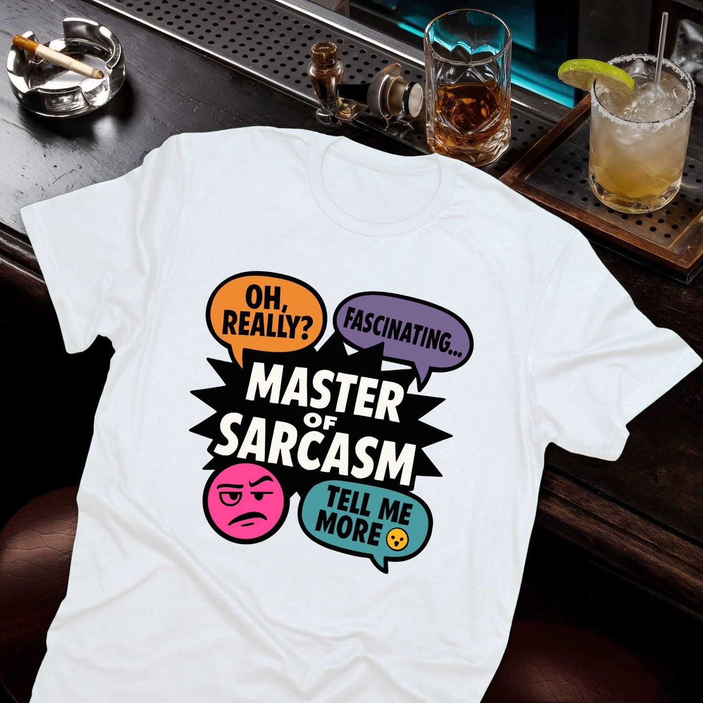 Humor graphic tee displaying "Master of Sarcasm" banner with orange, purple, and teal conversation bubbles and sarcastic face