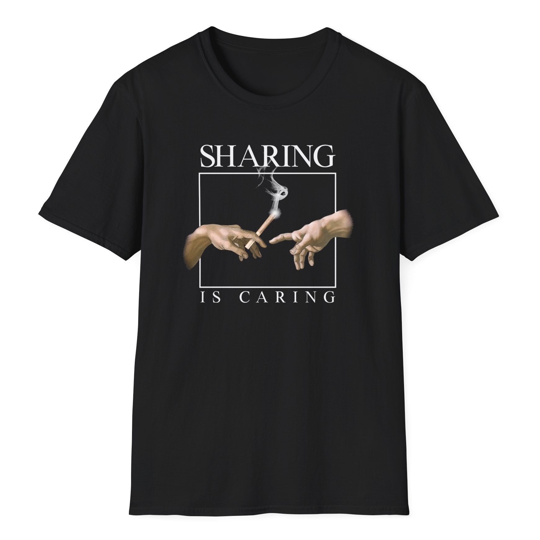 Famous Creation of Adam hands parody with cannabis leaf exchange and "Sharing Is Caring" white lettering on black tee shirt.