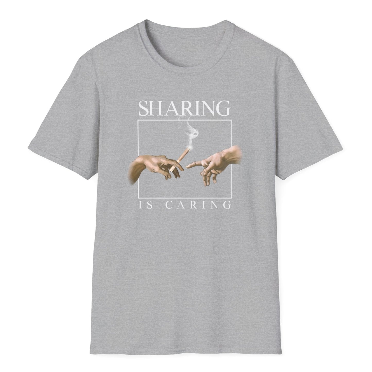 Michelangelo's iconic touching hands modified to share cannabis, artistic pun design with "Sharing Is Caring" on gray t-shirt