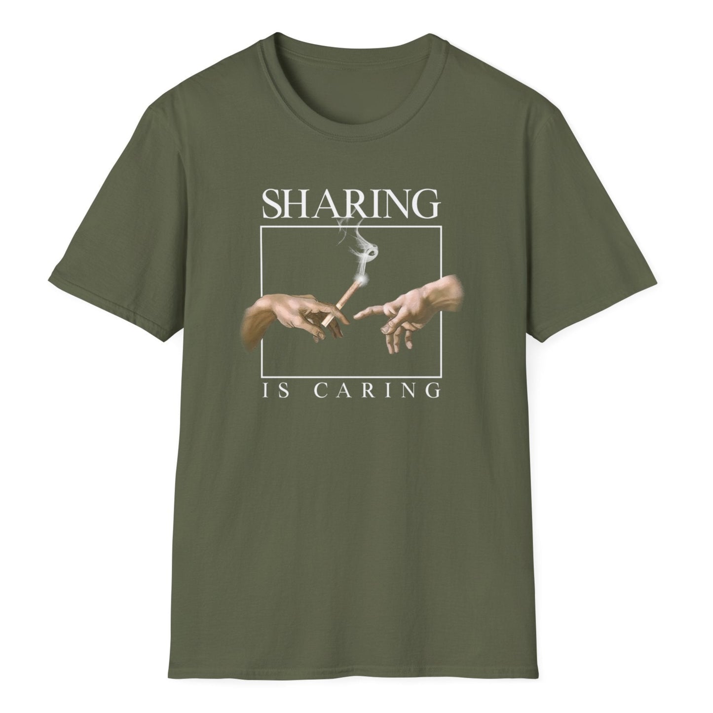 Classic Renaissance hands artwork reimagined with weed leaf twist, white text reading "Sharing Is Caring" on a green t-shirt.