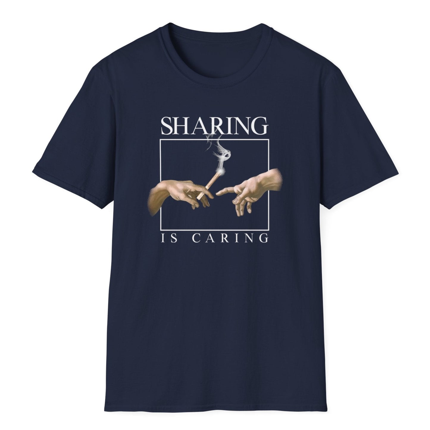 Minimalist parody art showing famous Sistine Chapel hands with marijuana leaf and Sharing Is Caring text on a navy tee shirt.