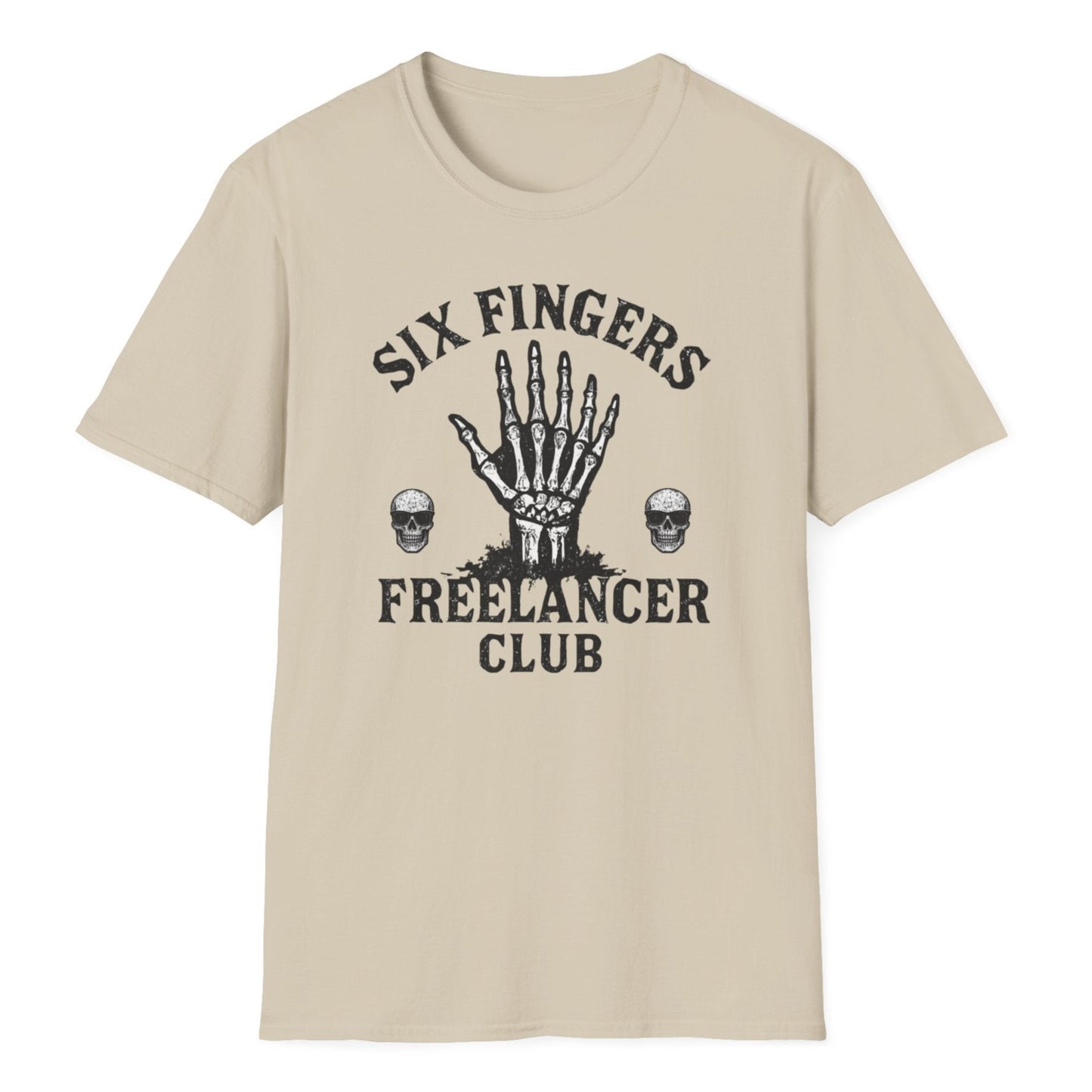 Beige shirt displaying "SIX FINGERS FREELANCER CLUB" lettering, anatomical bone hand design, and decorative skull graphics.