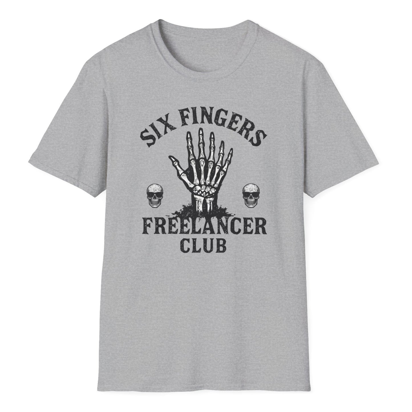 Gray tee showcasing "SIX FINGERS FREELANCER CLUB" bold text with intricate skeletal hand artwork and matching skull emblems.