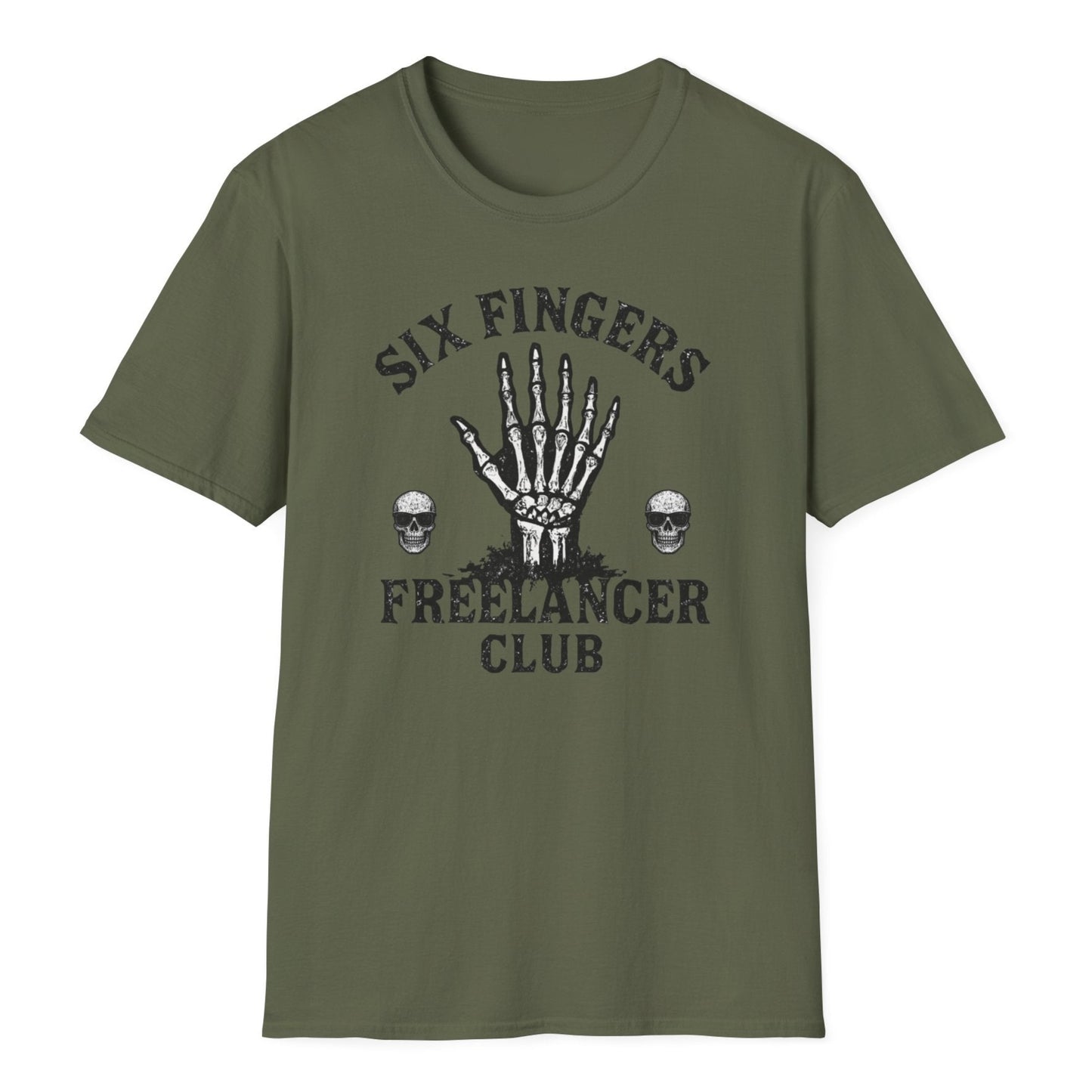 Green t-shirt featuring SIX FINGERS FREELANCER CLUB typography with detailed skeleton hand illustration and twin skull motifs