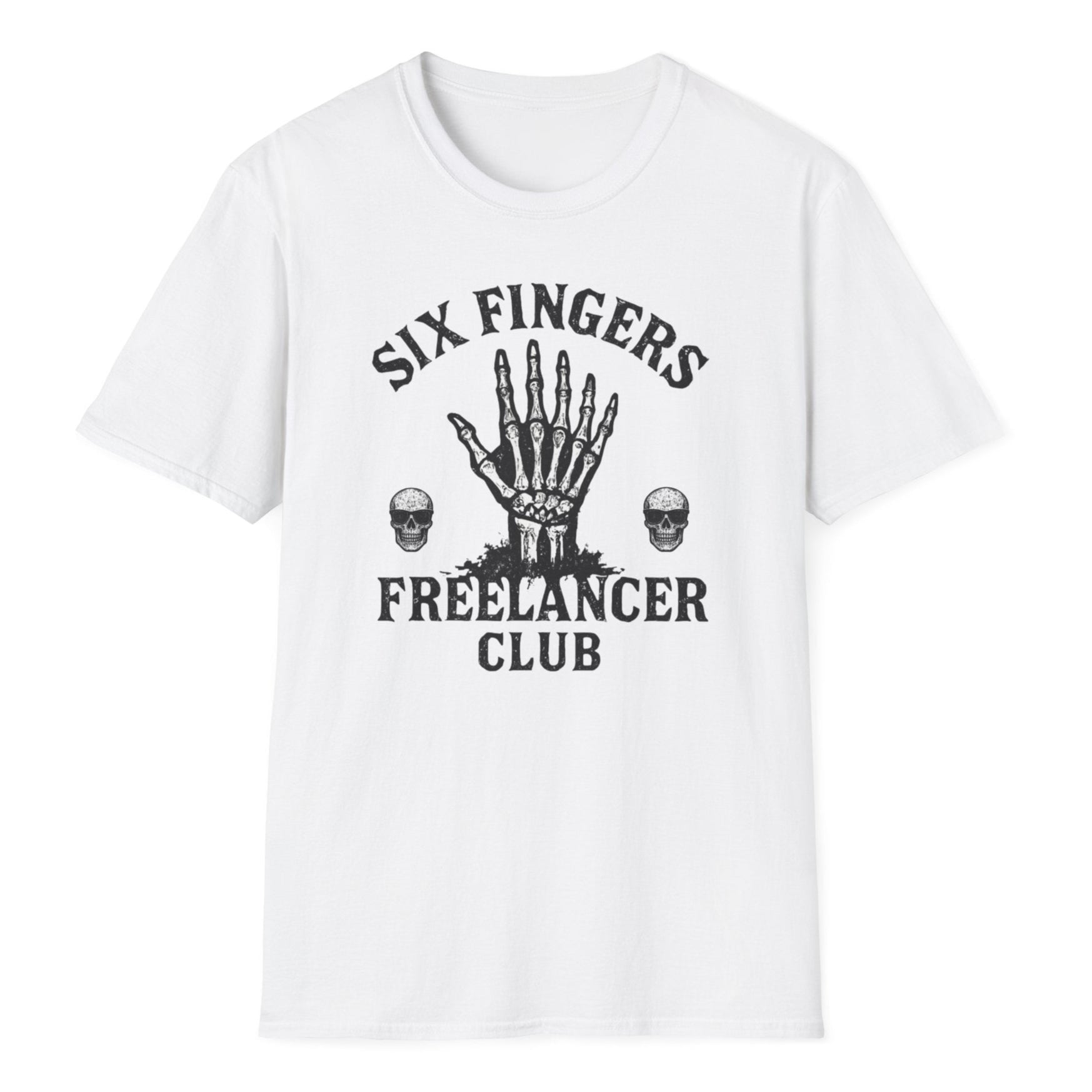 White t-shirt with "SIX FINGERS FREELANCER CLUB" bold lettering, central bony hand graphic, and flanking skull decorations