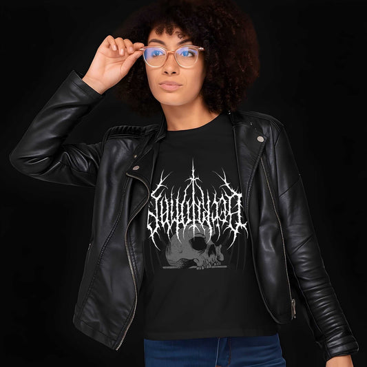 Black t-shirt featuring a gothic skull design with ornate black metal pattern and decorative flourishes in white graphics.