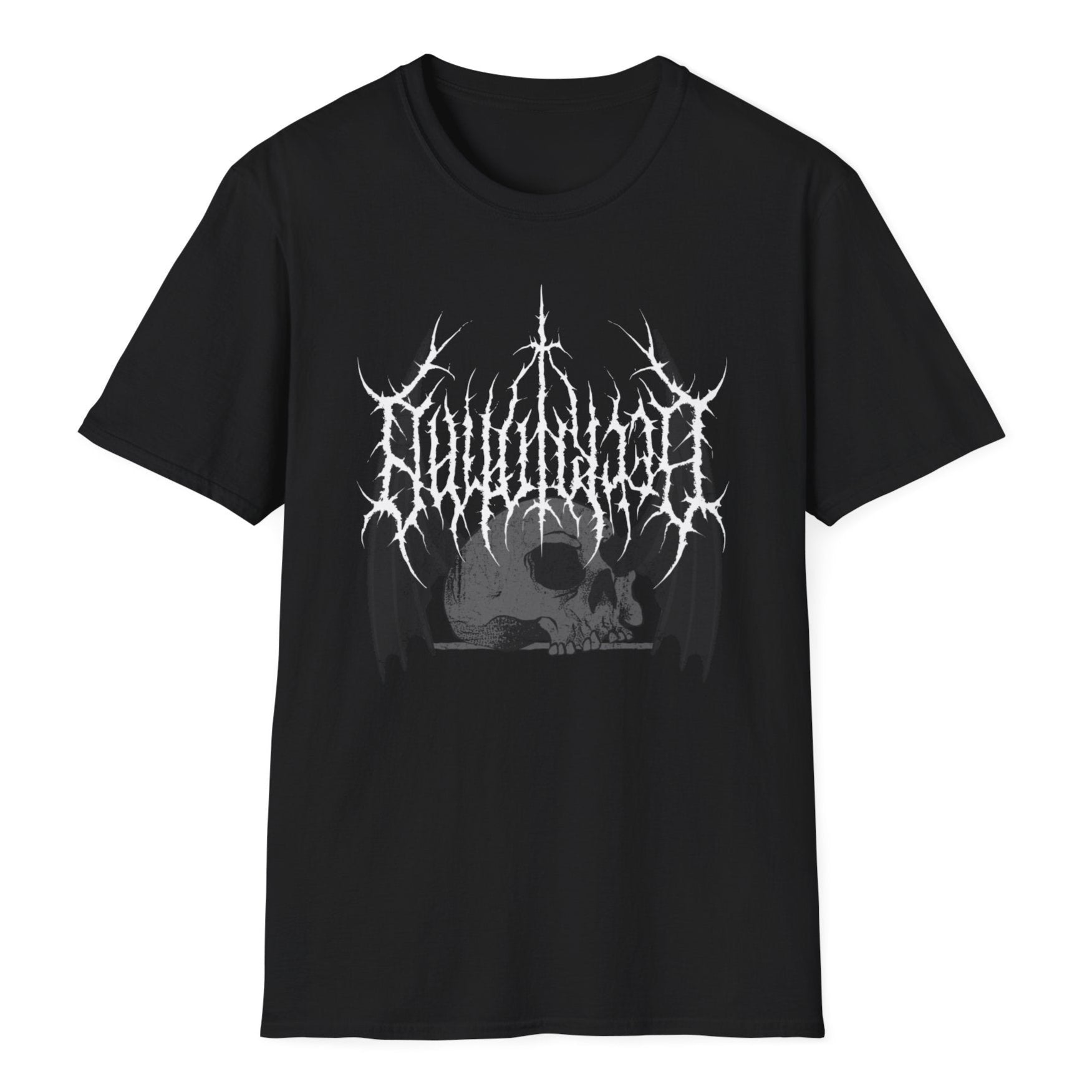 Intricate gray skull artwork beneath an elaborate, angular pattern with sharp spikes and gothic embellishments on a black tee