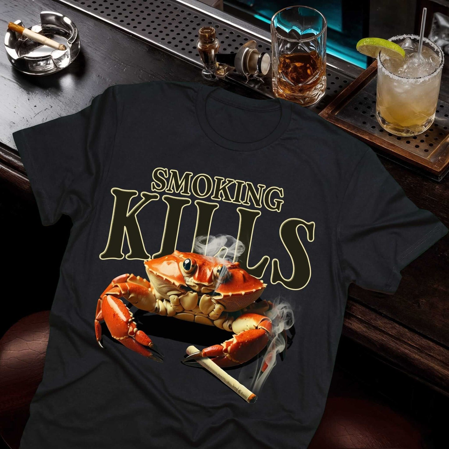 Striking tobacco awareness design featuring a realistic crab with a cigarette under "SMOKING KILLS" text on the black t-shirt