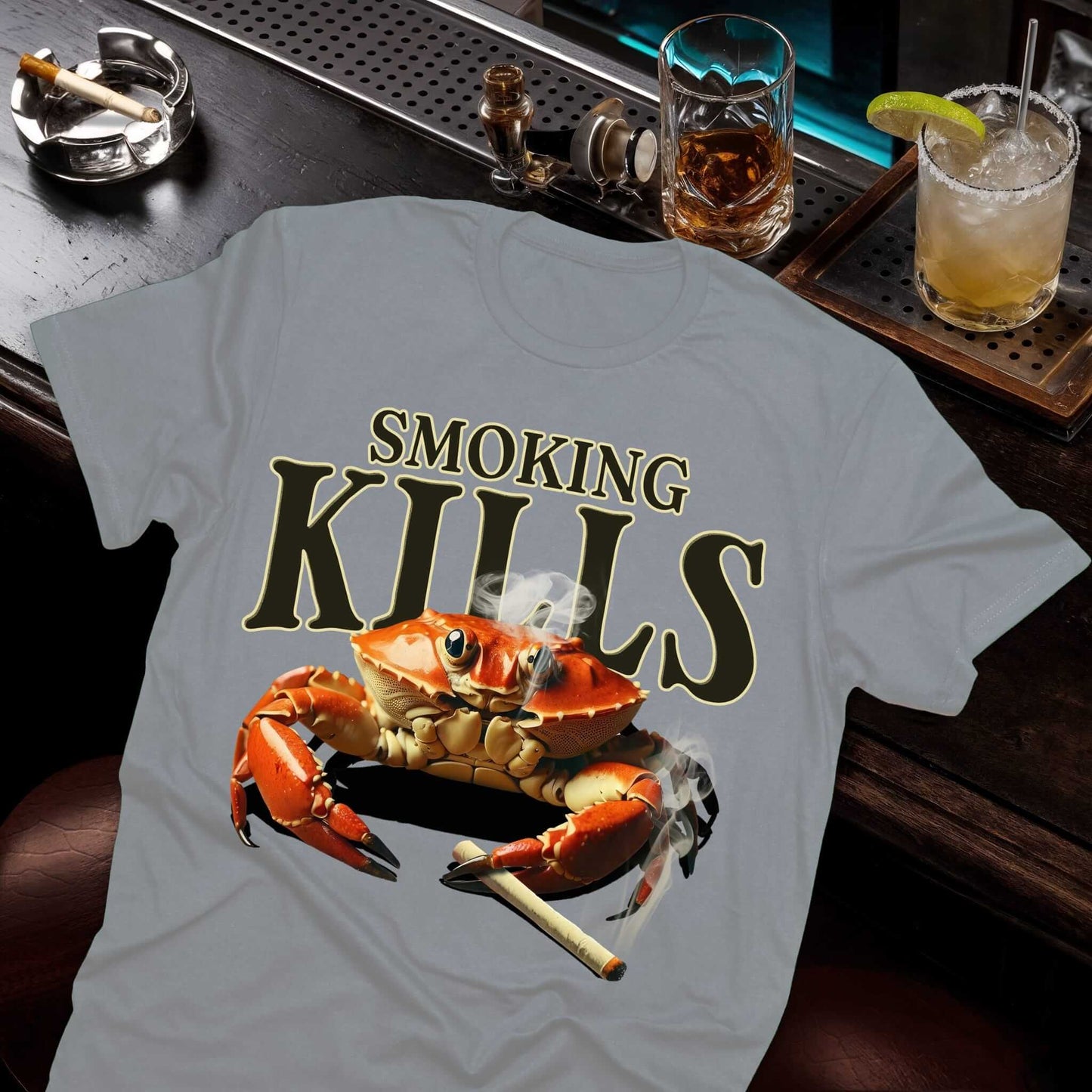 "SMOKING KILLS" slogan in dark bold text over intricate crab illustration clutching burning cigarette, Hazy Vice collection