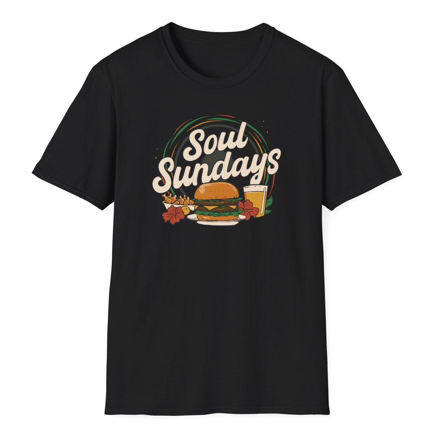 Vintage-style Soul Sunday text featuring a detailed cheeseburger illustration, french fries, a beer mug on the black t-shirt.