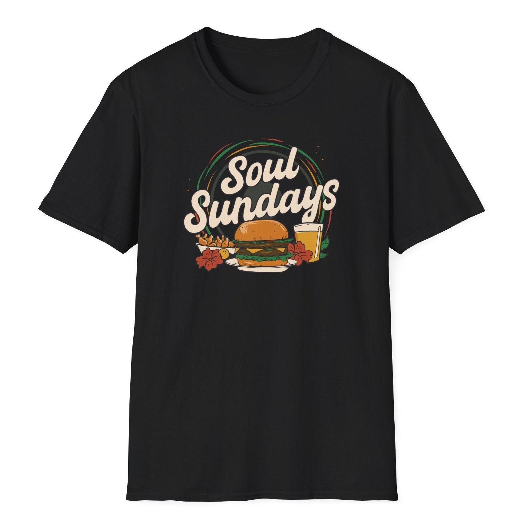 Vintage-style Soul Sunday text featuring a detailed cheeseburger illustration, french fries, a beer mug on the black t-shirt.