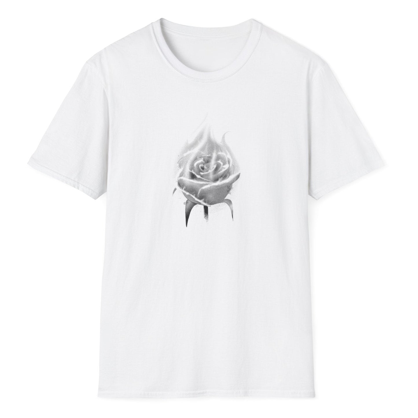 A grayscale rose with spray-effect edges creating dramatic burning flower artwork in monochrome style on the white tee shirt.