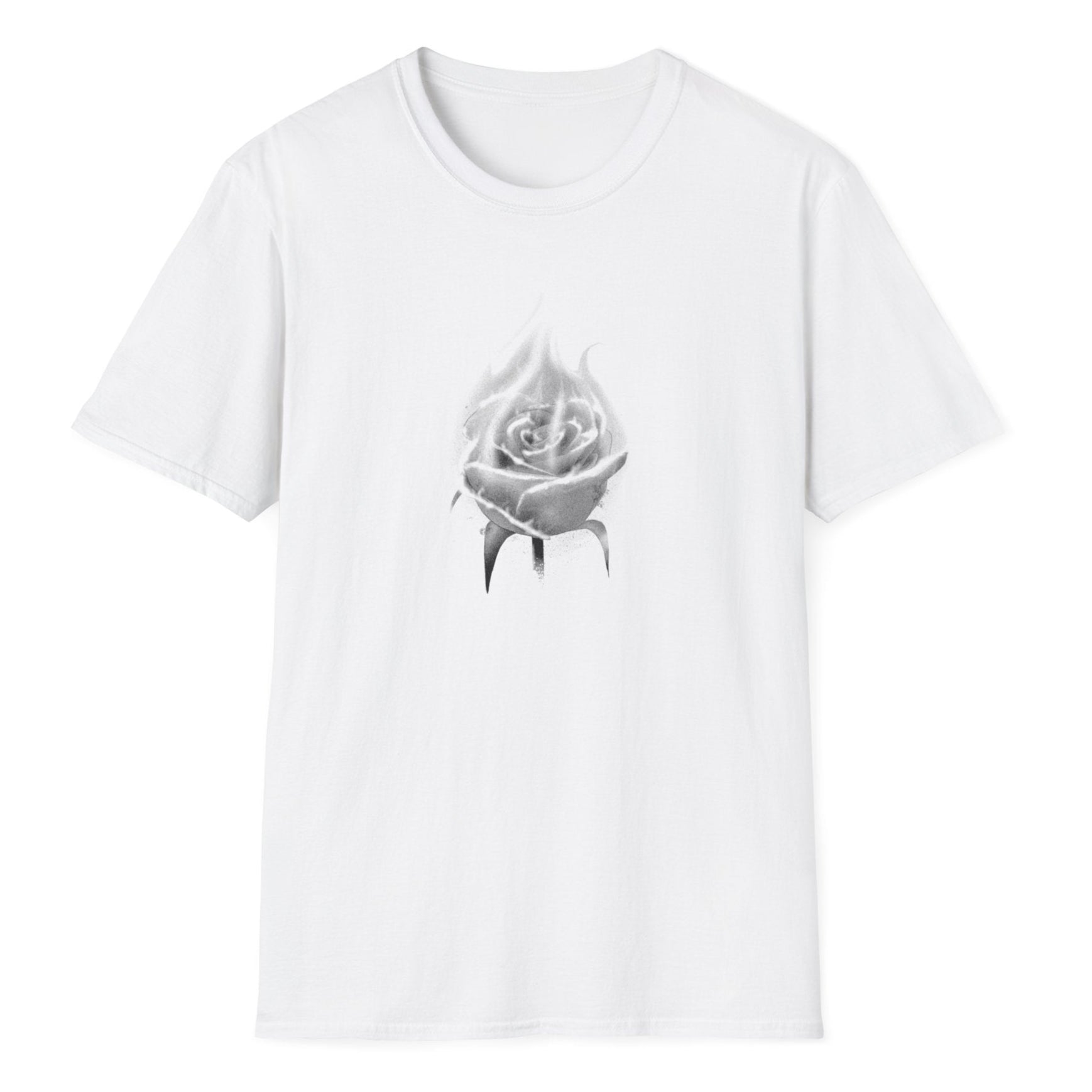 A grayscale rose with spray-effect edges creating dramatic burning flower artwork in monochrome style on the white tee shirt.