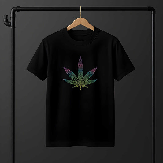 Colorful mandala cannabis leaf with intricate geometric patterns in purple, teal, green, and yellow gradient colour tones.
