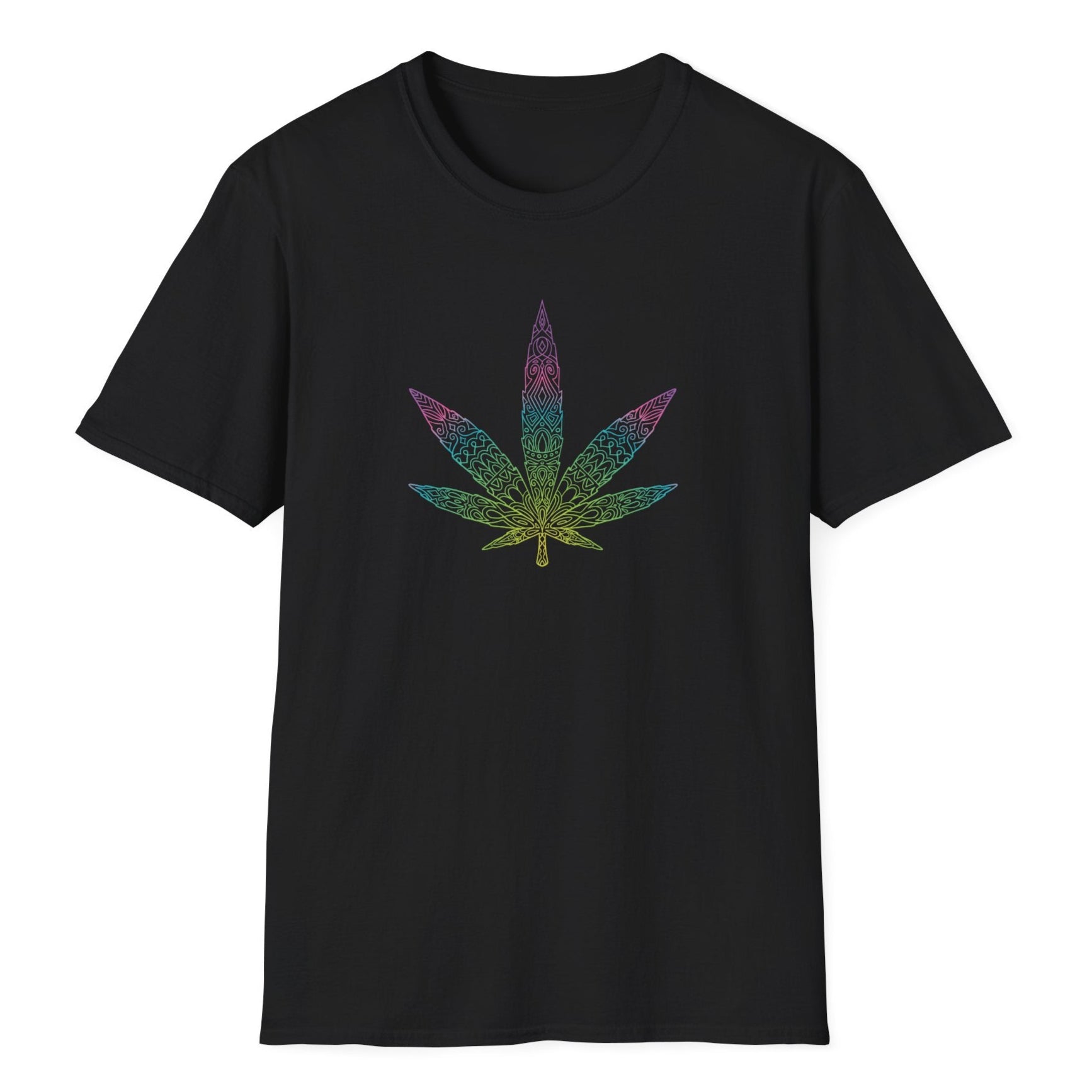 Vibrant rainbow cannabis leaf featuring detailed sacred geometry design with flowing lines and symmetrical mandala artwork.