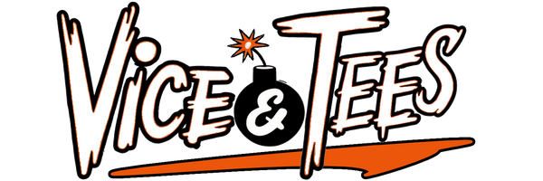 Vice and Tees brand logo features bold white lettering with black outlines and an orange accent, t-shirt company branding.