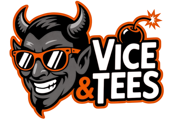 Vice and Tees logotype: Gray devil with horns and orange sunglasses, white "VICE & TEES" text with orange bomb icon and spark