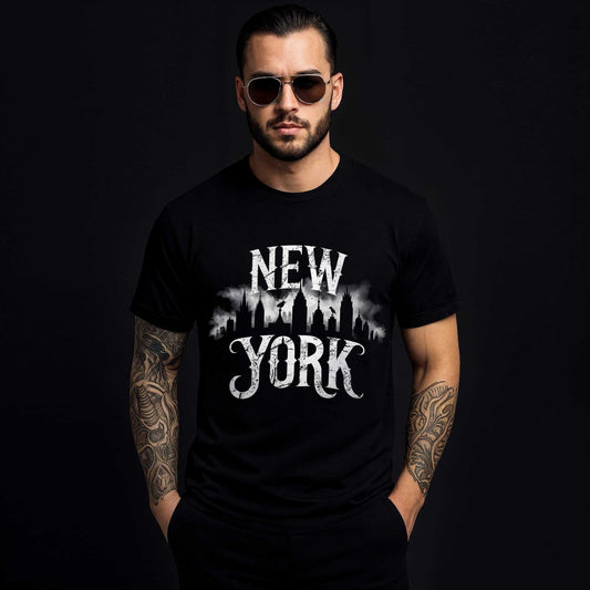 Black t-shirt with distressed white "NEW YORK" text and misty Manhattan skyline silhouette graphic in vintage style typography