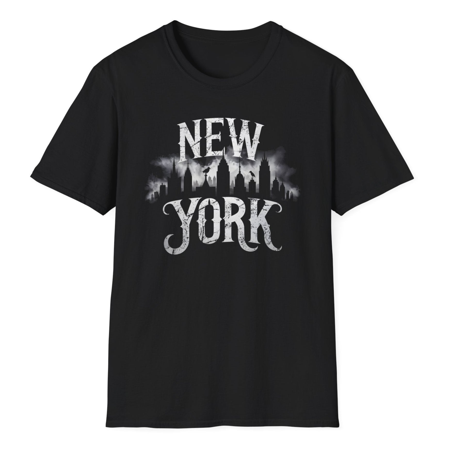 Vintage-style black tee featuring weathered NEW YORK lettering with atmospheric city skyline emerging through cloudy effects