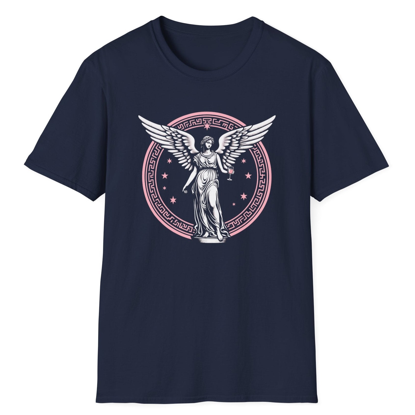 Detailed angelic figure with spread wings in decorative round emblem featuring ornamental flourishes on the navy blue t-shirt