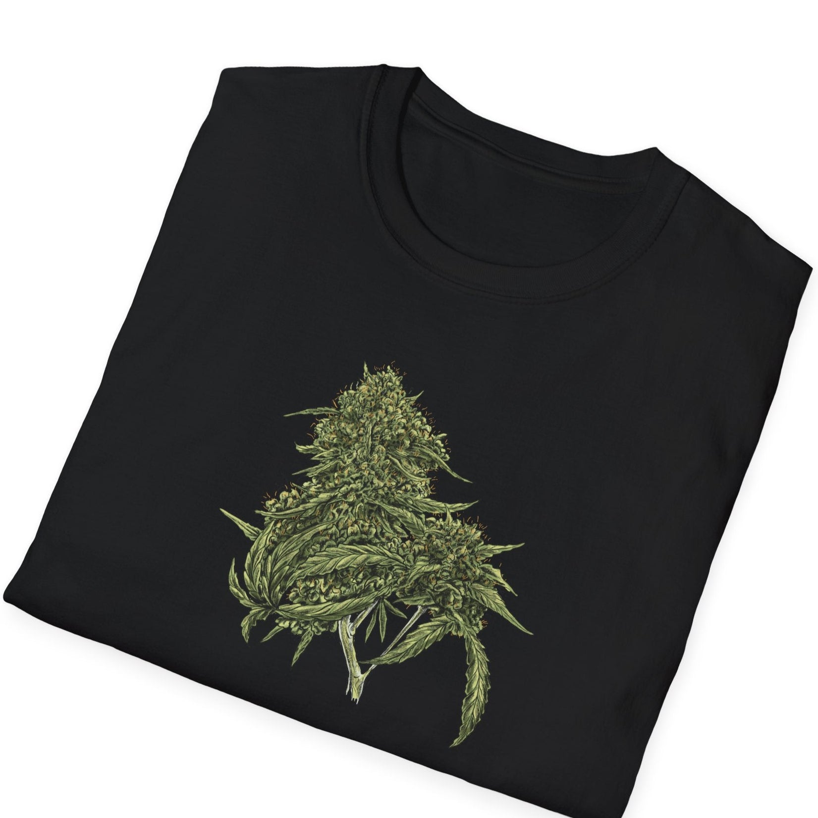 Green botanical cannabis leaf illustration with detailed veins and natural texture on a black folded unisex Gildan t-shirt