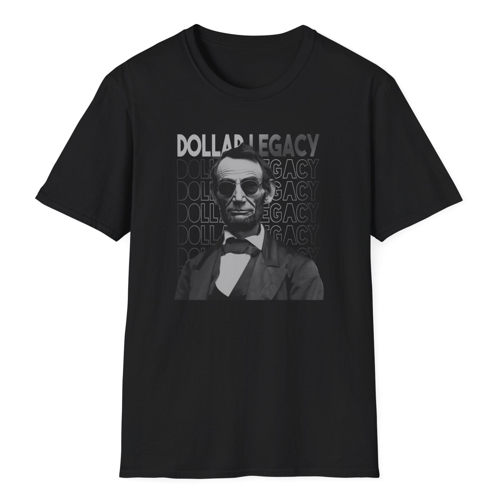 Vintage Abraham Lincoln graphic tee with cool sunglasses, formal bow tie attire, and prominent "DOLLAR LEGACY" typography