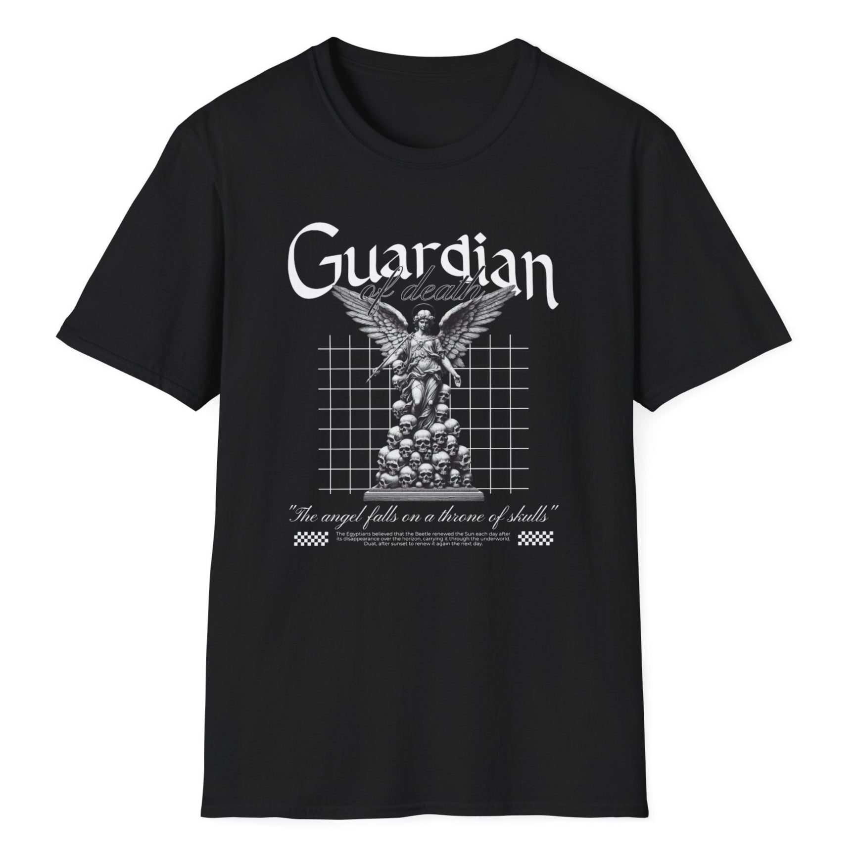 Guardian Angel graphic tee with intricate angel wings, vintage-style typography, mathematical grid and classic Gothic artwork