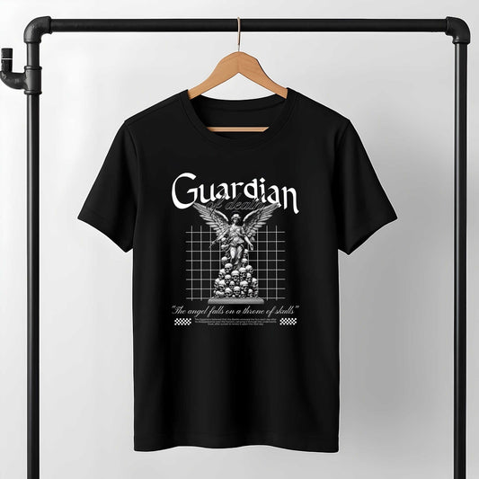 Vintage Gothic Guardian Angel design featuring detailed winged angel illustration, bold lettering, and decorative grid overlay
