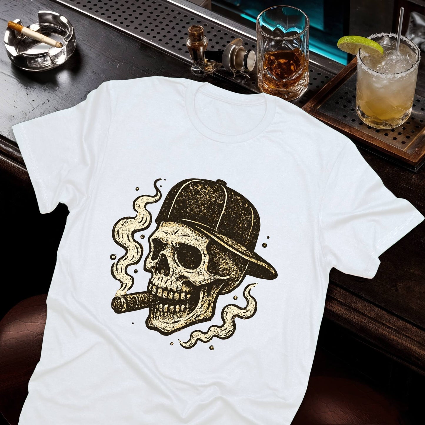 Retro-style skull portrait with fitted cap smoking cigar, featuring weathered brown ink effect and curling smoke wisps