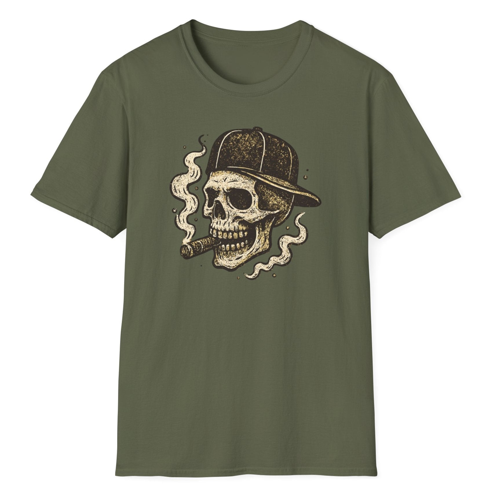 Smoking skull with snapback hat design featuring textured brown artwork and ornate smoke patterns in classic tattoo style