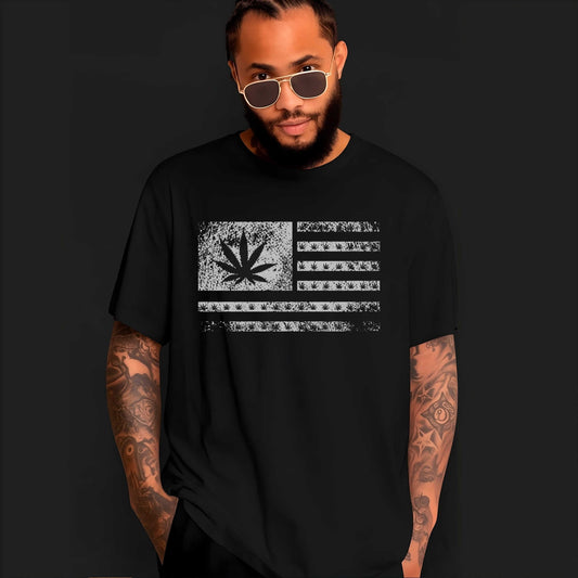 Weed American flag design with marijuana leaf replacing union, cannabis leaves scattered across stripes, retro grunge style.