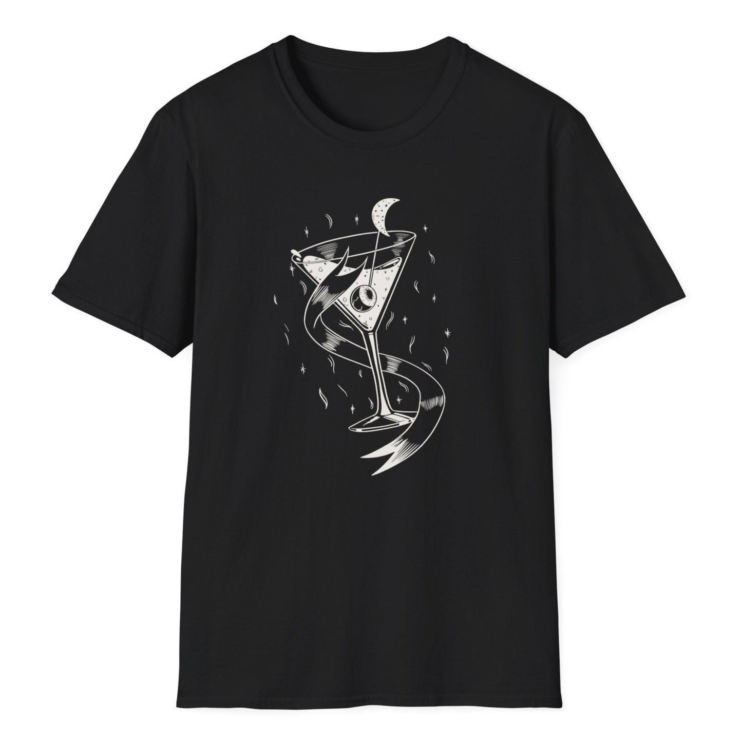 Elegant martini glass illustration with celestial moon detail and decorative swirls in white ink style on the black t-shirt.