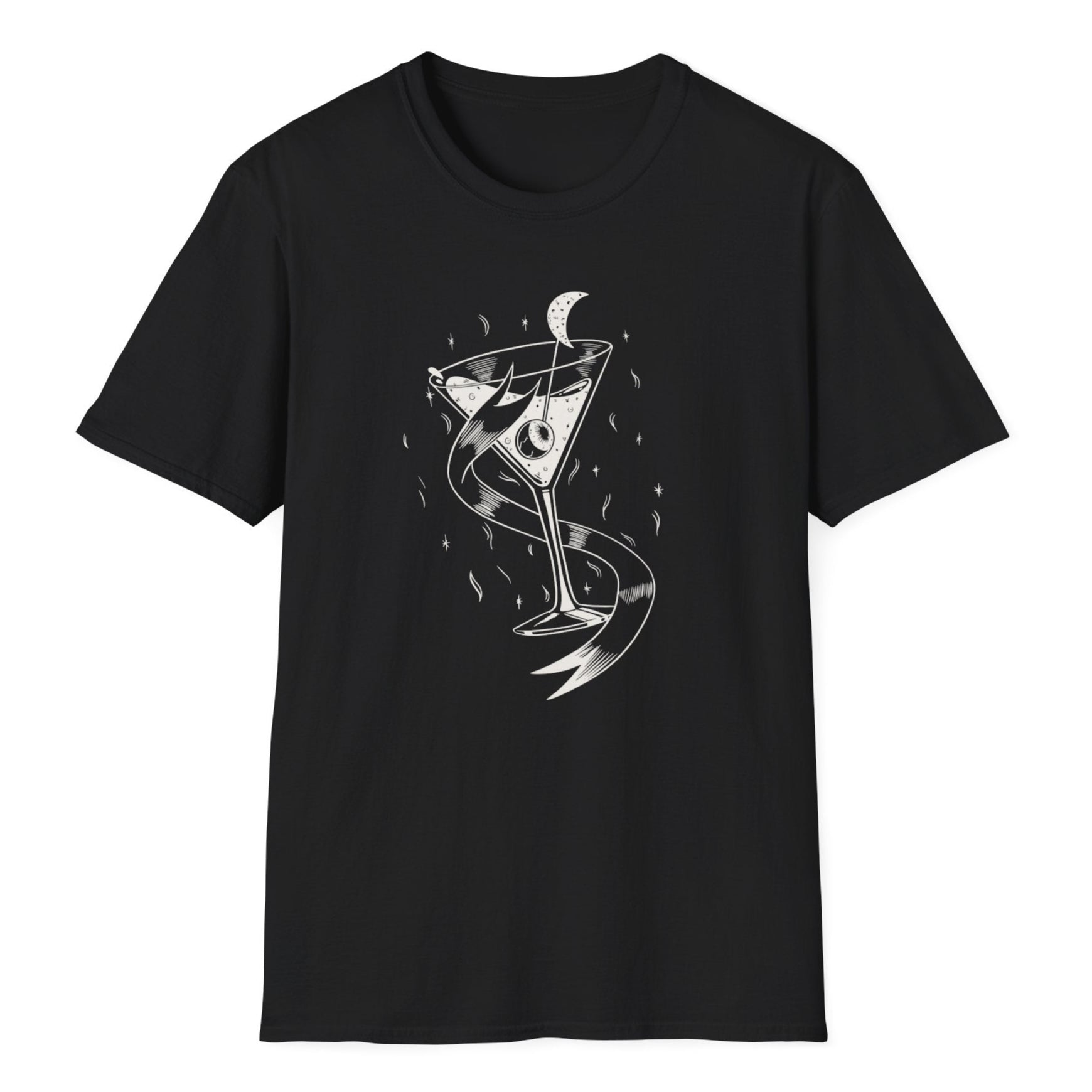 Elegant martini glass illustration with celestial moon detail and decorative swirls in white ink style on the black t-shirt.