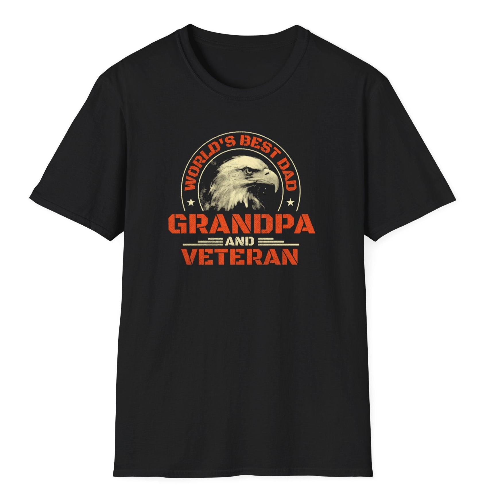 Patriotic black shirt featuring majestic eagle and bold orange lettering celebrating the ultimate dad, grandpa, and veteran